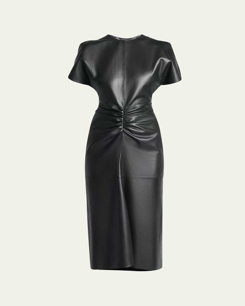 Gathered-Waist Puff-Sleeve Leather Midi Dress